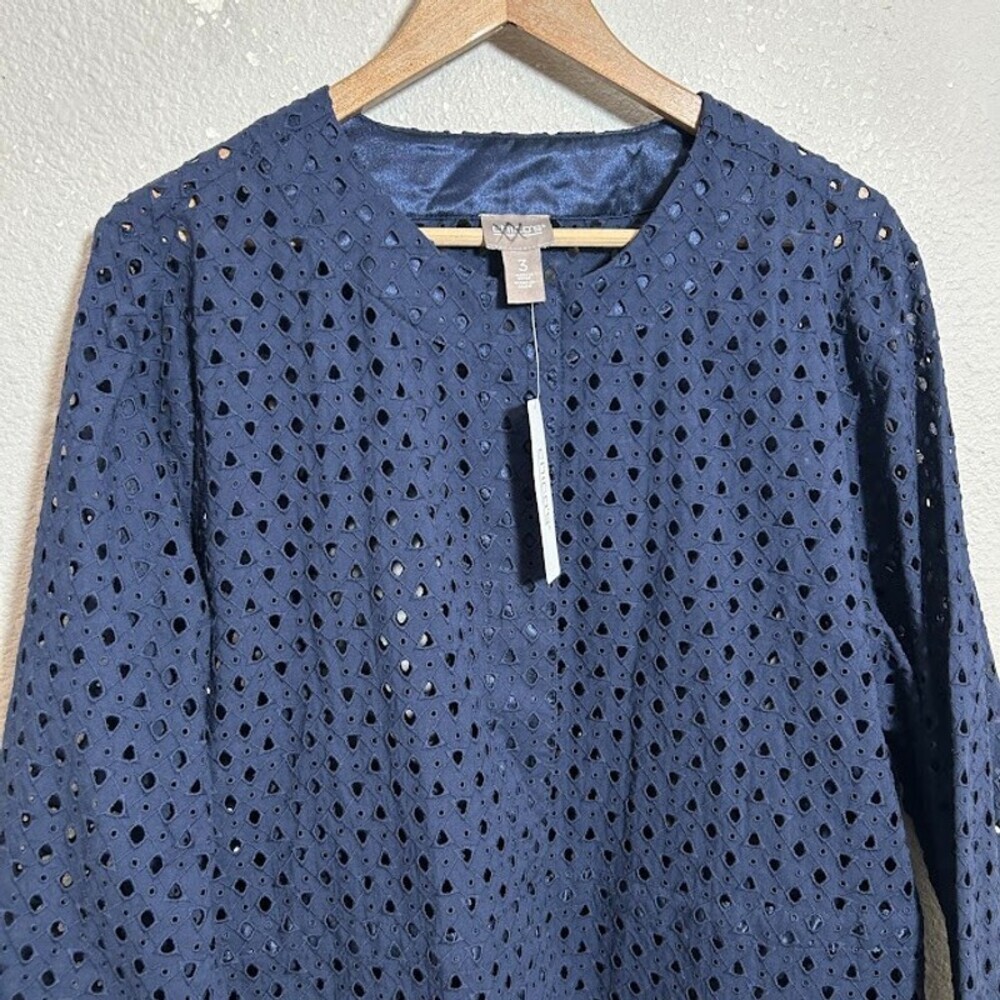 NEW Chico's Eyelet Jacket 3 US XL Navy Blue 100% Cotton Button Up Long Cinch NWT - Picture 5 of 11